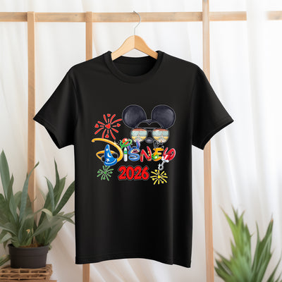 Close-up of Mouse Vacation Mode Glasses sunglasses design on t-shirt