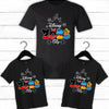  Group wearing matching “Castle Bound Crew” Disney-themed t-shirts outdoors
