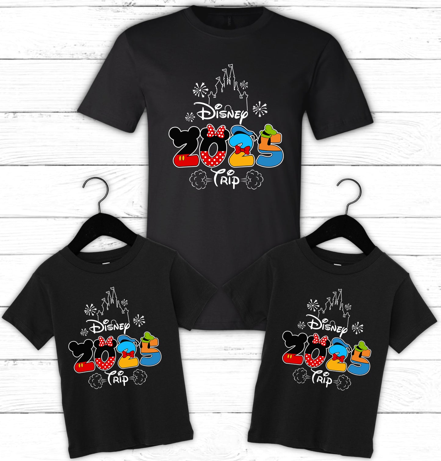  Group wearing matching “Castle Bound Crew” Disney-themed t-shirts outdoors
