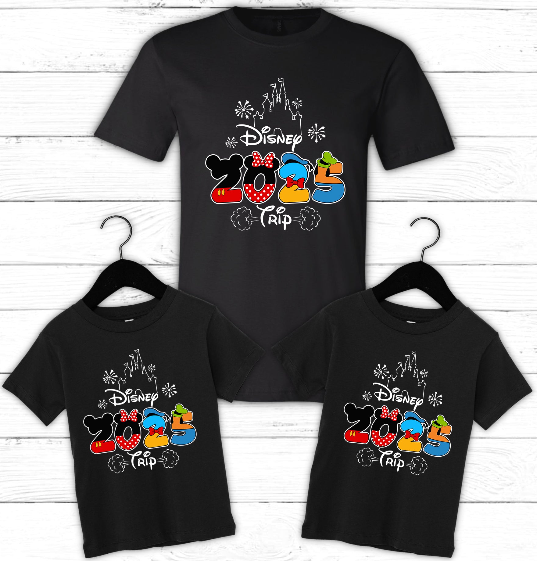  Group wearing matching “Castle Bound Crew” Disney-themed t-shirts outdoors