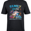 Black t-shirt with colorful 'Family Cruise Trip 2026' design on a white background