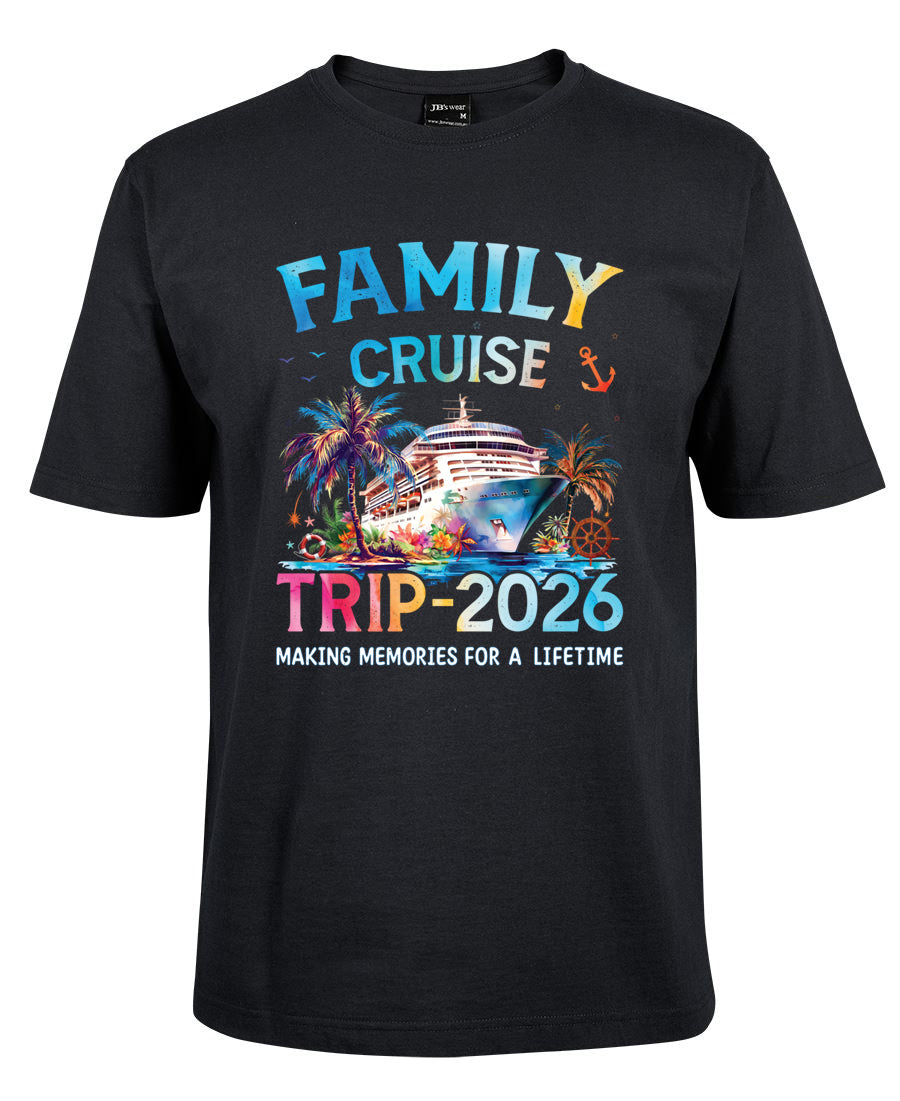 Black t-shirt with colorful 'Family Cruise Trip 2026' design on a white background