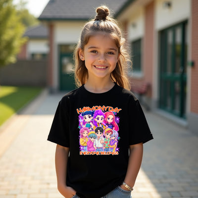 Young girl wearing a black t-shirt with colorful character design and text, standing outdoors.