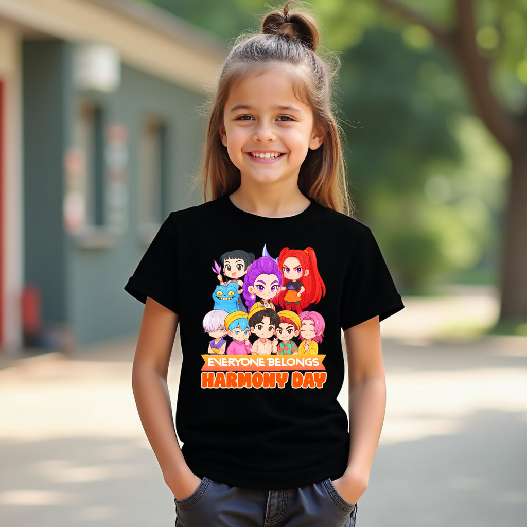 Child wearing a black t-shirt with colorful characters and 'Harmony Day' text outdoors.
