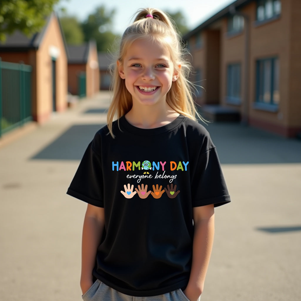 Young girl wearing a black t-shirt with 'Harmony Day' text and colorful handprints outdoors.