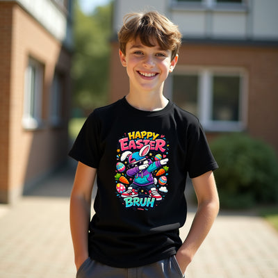 Child wearing a black t-shirt with colorful 'Happy Easter Bruh' design outdoors.