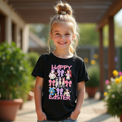 Young girl wearing a black t-shirt with 'Happy Easter' design outdoors.