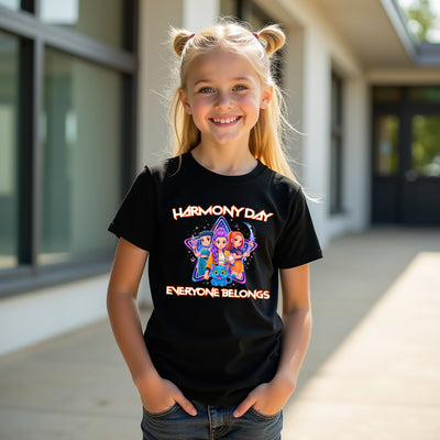 Young girl wearing a black t-shirt with 'Harmony Day Everyone Belongs' design outdoors.