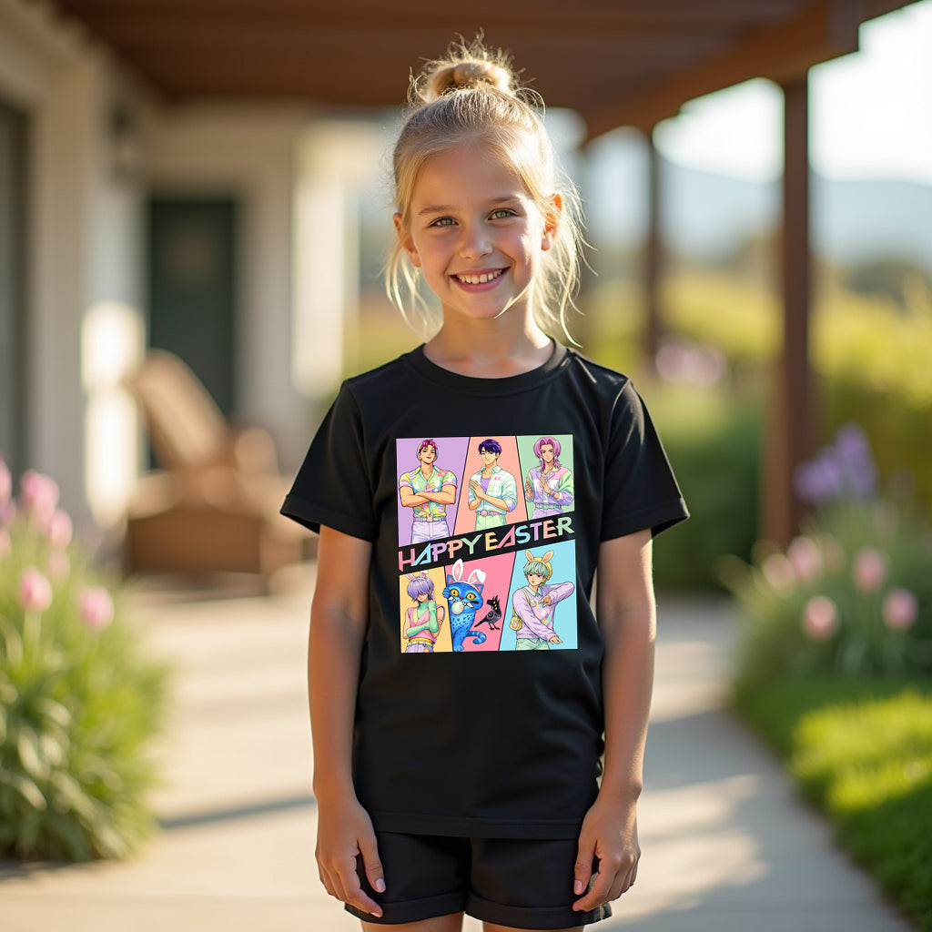 Young girl wearing a black saja boys easter t-shirt with a colorful 'Happy Easter' design outdoors.