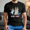 Front view of Girl Dad Style Bandits Makeup Bluey Inspired T-Shirt with colorful cartoon design