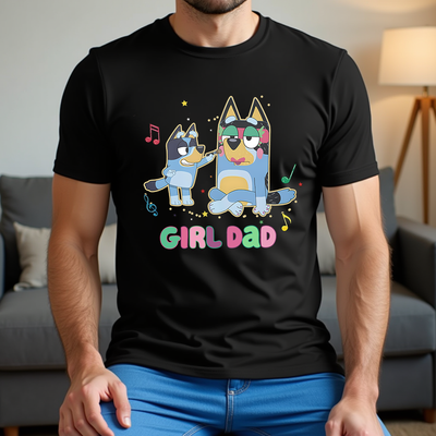 Front view of Girl Dad Style Bandits Makeup Bluey Inspired T-Shirt with colorful cartoon design
