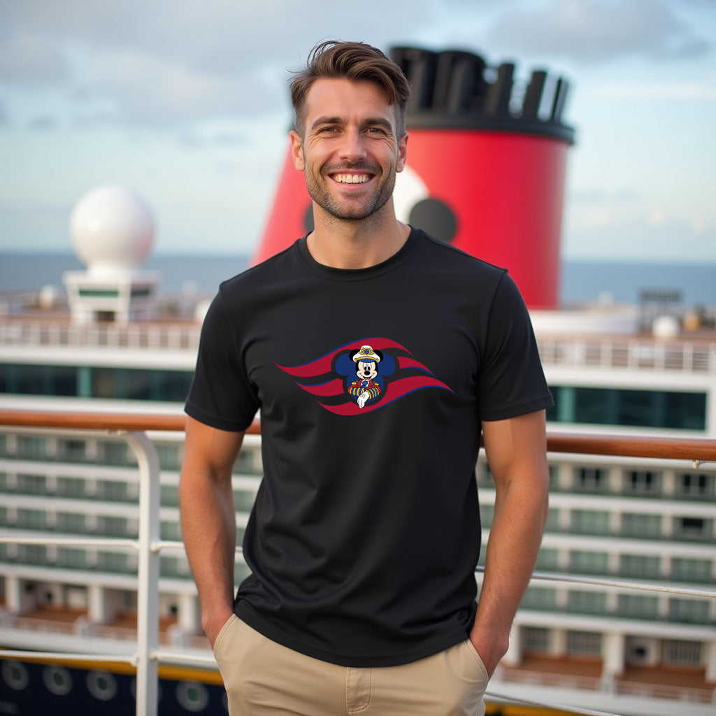 Man wearing a black t-shirt with a colorful graphic design in front of a cruise ship.
