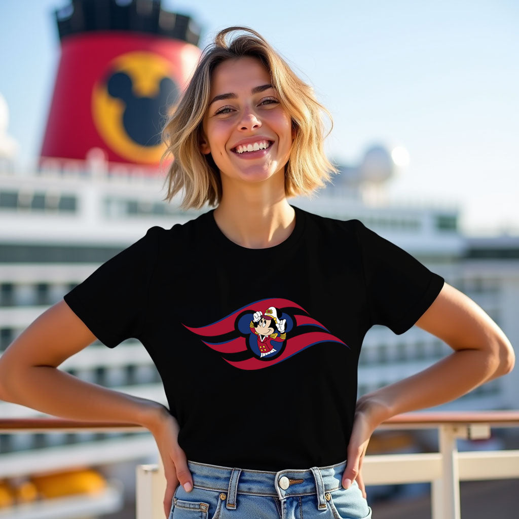 Woman wearing a black t-shirt with a colorful graphic design, standing on a cruise ship deck.