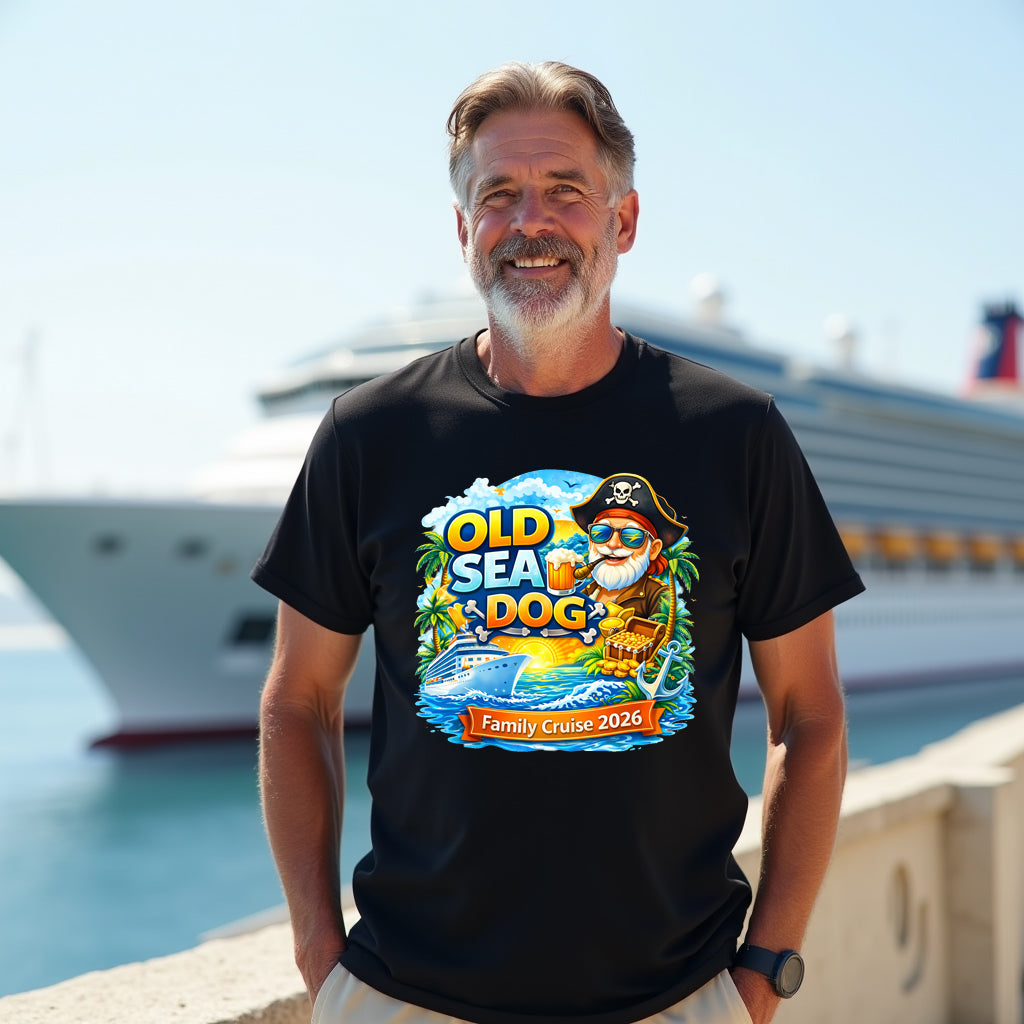Man wearing a 'Old Sea Dog Family Cruise 2026' t-shirt with a cruise ship in the background.