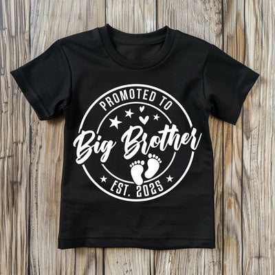 Kids t-shirt with “Promoted to Big Brother” text, ideal for pregnancy announcements and sibling reveal moments.