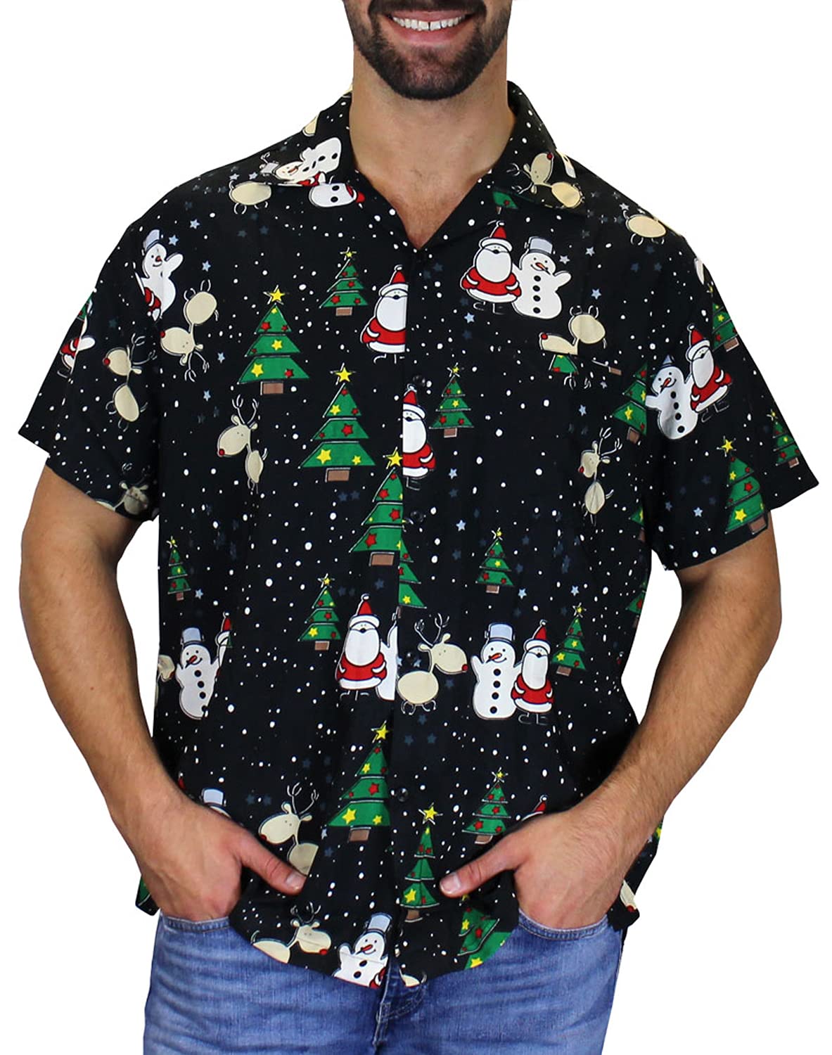 Christmas Button Up Shirt  – Black Santa Snowman