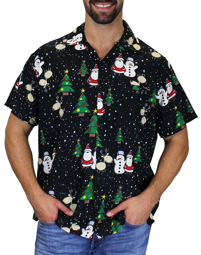 Christmas Button Up Shirt  – Black Santa Snowman