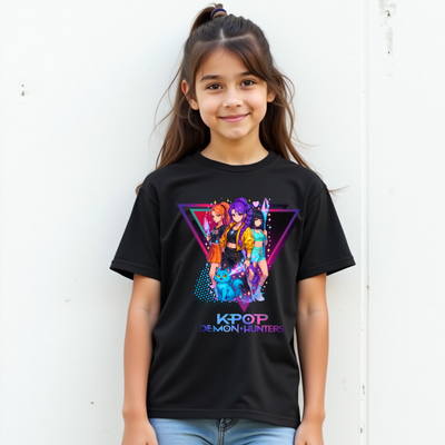 Retro Pop Idols T-shirt with colorful K-Pop Demon Hunters characters