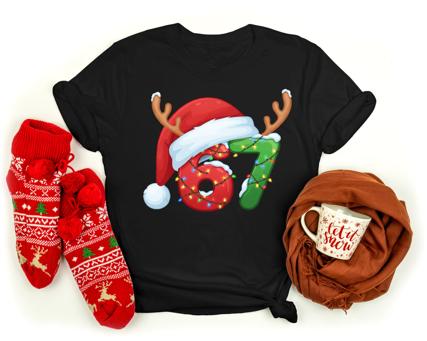 Flat lay of 67 Fun Themed Santa Hat festive shirt
