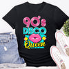 Flat lay of 90’s Pink Disco Queen t-shirt with bold retro lettering and pink disco theme design.