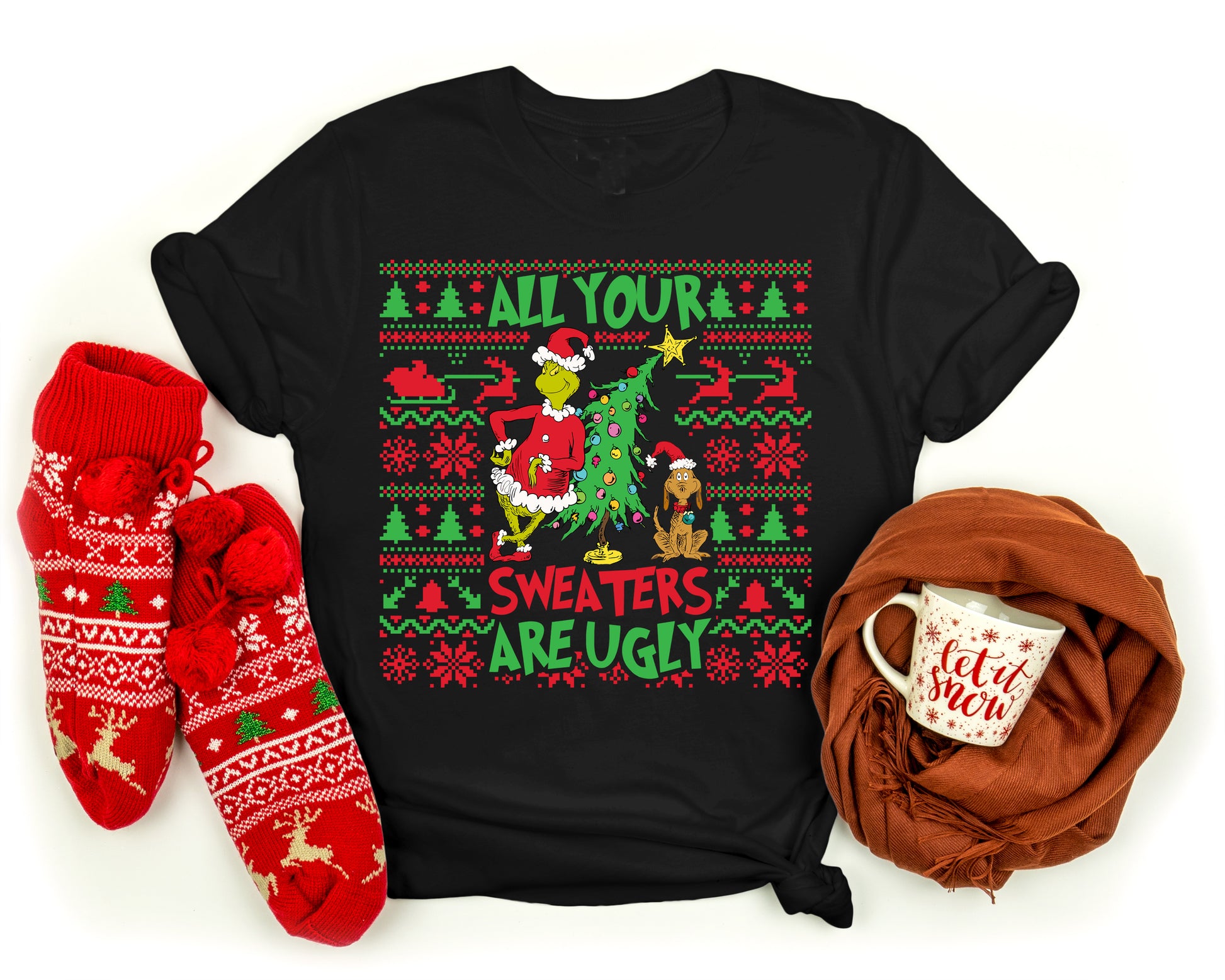 Grinch-themed Christmas ugly sweater t-shirt, playful and comfortable holiday outfit.