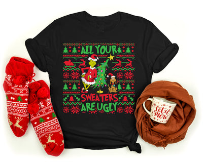 Grinch-themed Christmas ugly sweater t-shirt, playful and comfortable holiday outfit.
