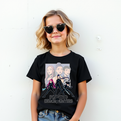 Pop Idol Fighters K-Pop Demon Hunters graphic T-shirt with idol warrior lineup