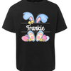 Black t-shirt with Easter bunny ears and eggs design on a white background
