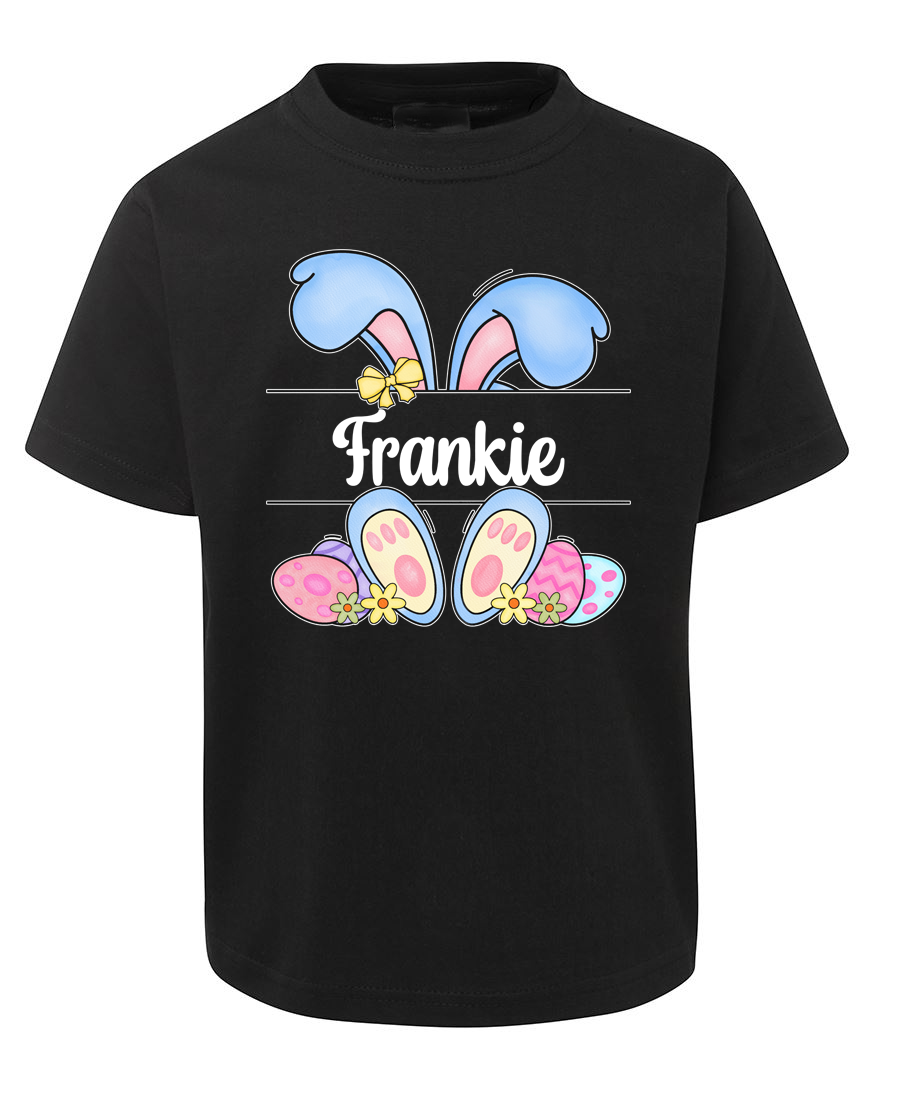Black t-shirt with Easter bunny ears and eggs design on a white background