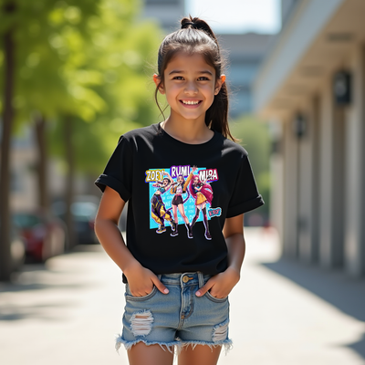 Colour Pop Idols K-Pop Demon Hunters inspired graphic T-shirt with bold idol designs