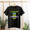 Black t-shirt with 'LACHLAN' and graphic design on a hanger against a light background