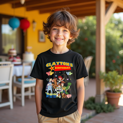 Child wearing a black t-shirt with colorful toy story graphics and text, standing outdoors.