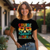 Woman wearing a black t-shirt with 'Cruise Squad 2026' design outdoors.
