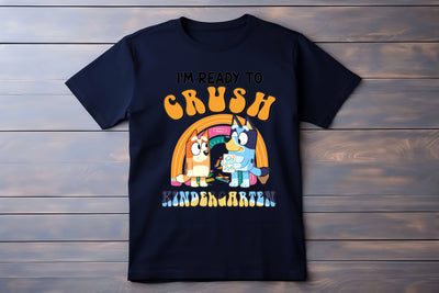 Flat lay of I’m Ready to Crush Kindergarten Bluey and Bingo inspired t-shirt