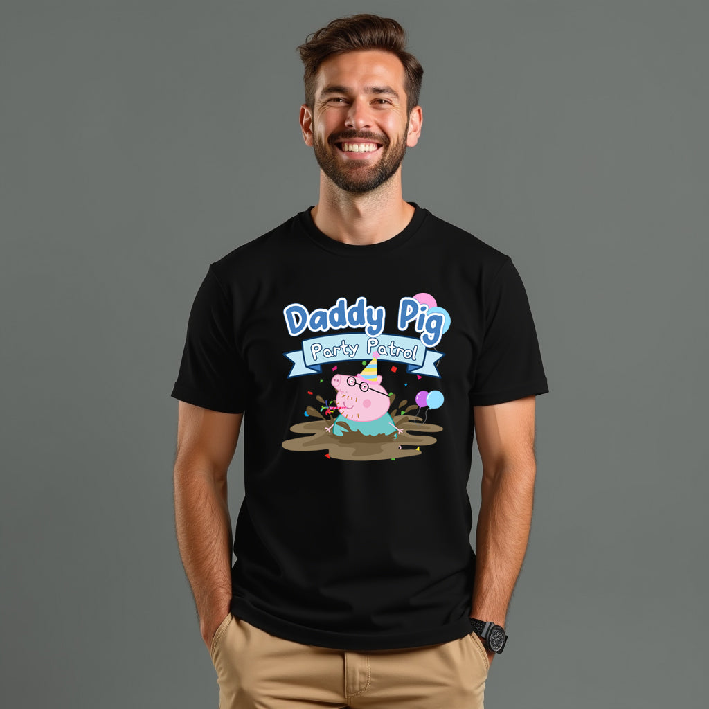 Man wearing a black t-shirt with 'Daddy Pig Party Faire' design on a gray background