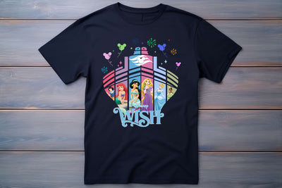 Black t-shirt with colorful graphic design featuring Disney characters and the word 'Wish' on a wooden background.