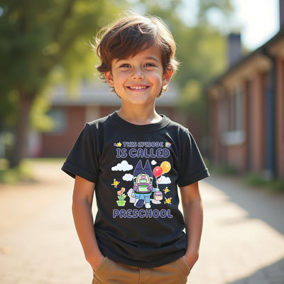 Child wearing preschool milestone Bluey inspired tee