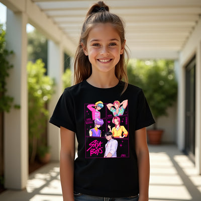 Young girl wearing a black t-shirt with colorful graphic design outdoors.