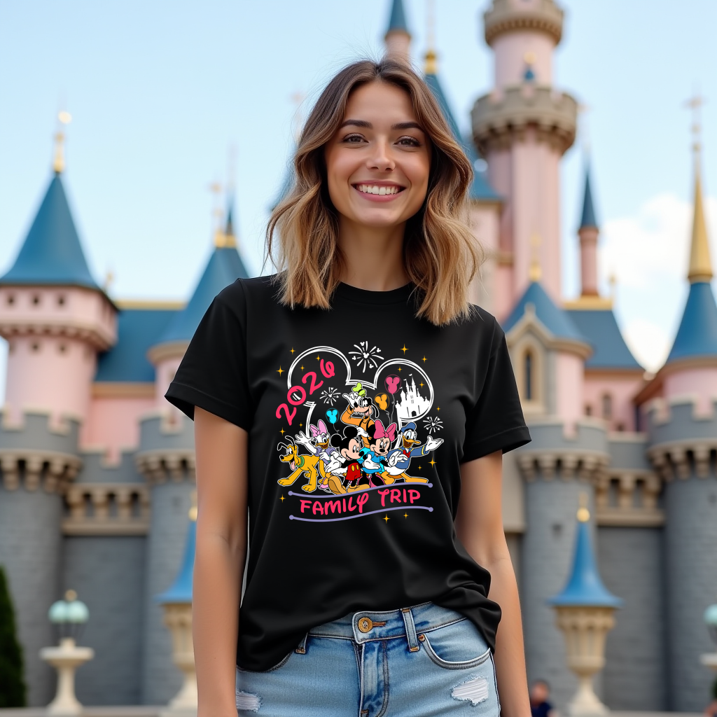 Woman wearing a black t-shirt with Disney-themed design in front of a castle.