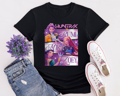 Flat lay of K-Pop Demon Hunters inspired t-shirt featuring animated pop group design in Netflix anime style.