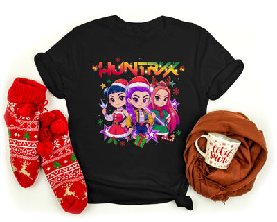 Pop Dreamers 3D Demon Hunters Christmas K-Pop graphic t-shirt, bold holiday fashion.