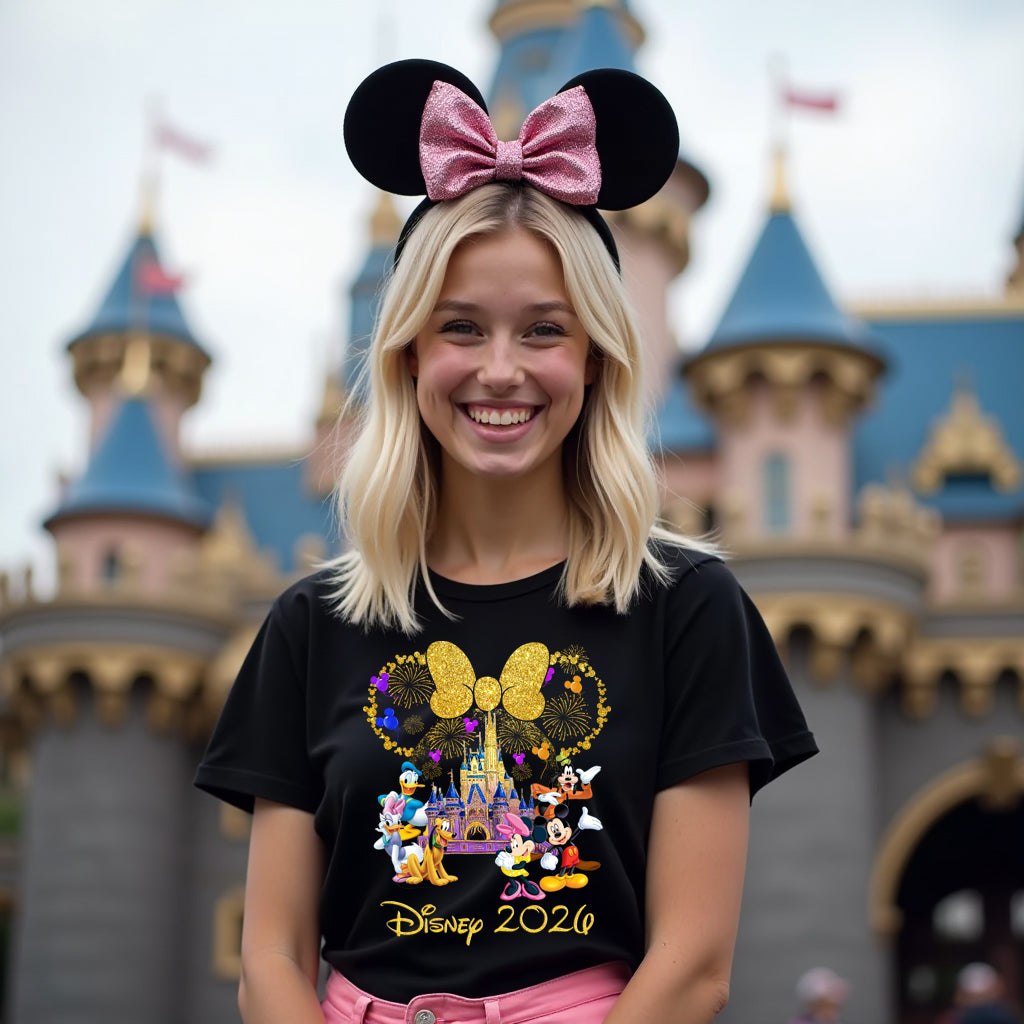 Person wearing a black t-shirt with Disney 2026 design and Mickey Mouse ears in front of a castle.