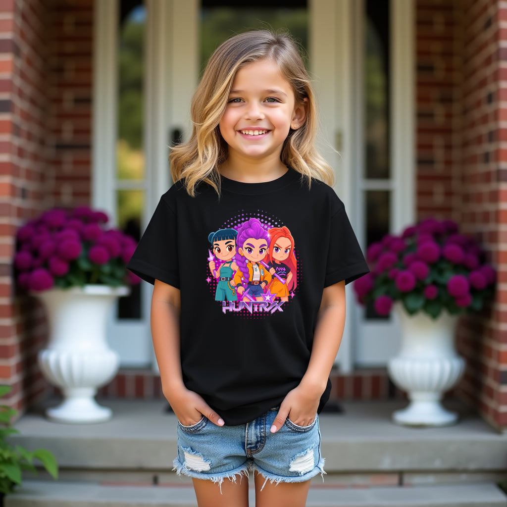 Young girl wearing a black t-shirt huntrix inspired stardom graphic t shirt with colorful character design, standing on a porch with flowers in the background.