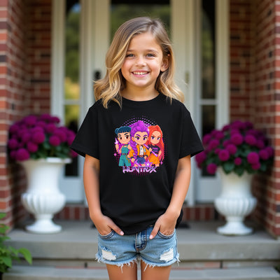 Young girl wearing a black t-shirt huntrix inspired stardom graphic t shirt with colorful character design, standing on a porch with flowers in the background.