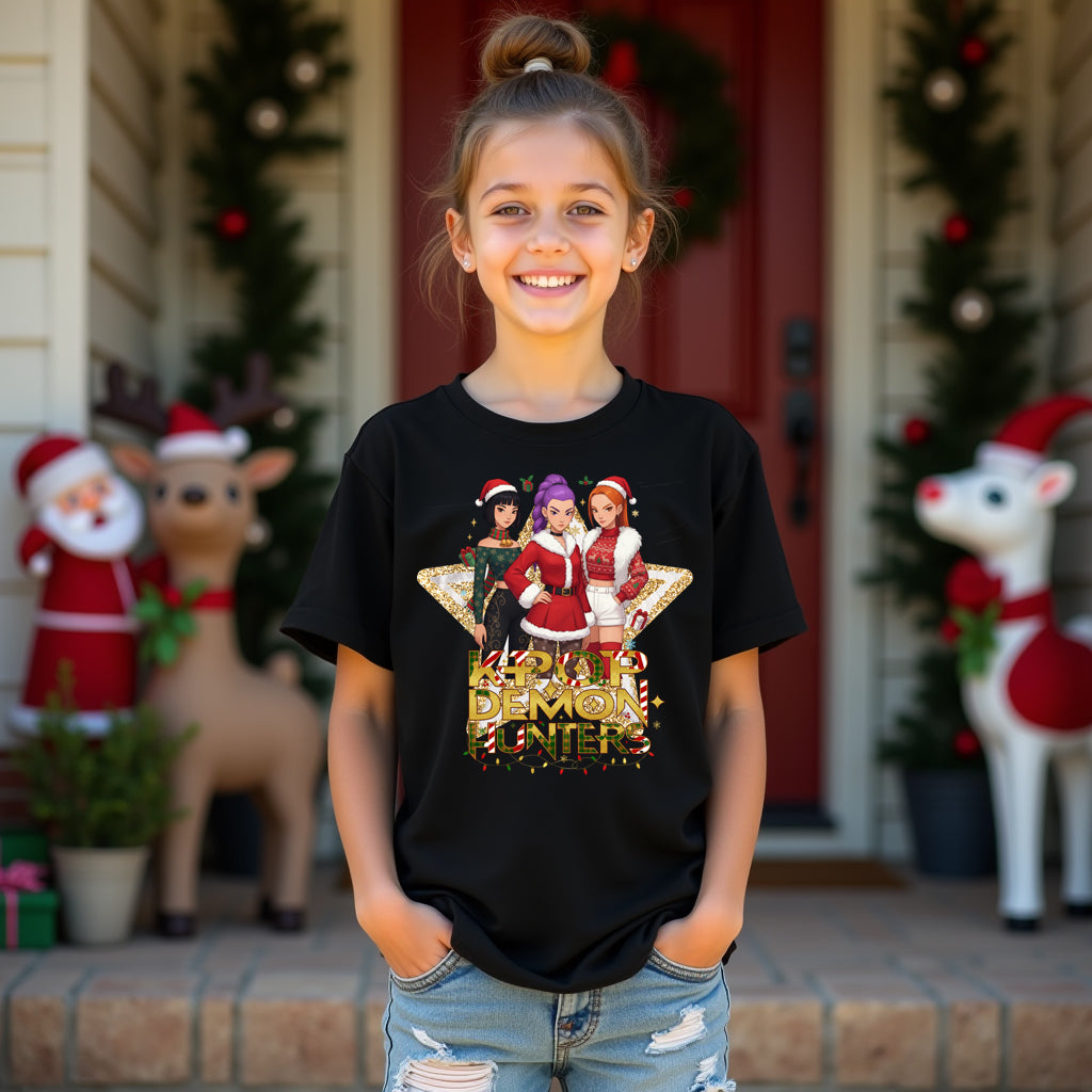 Christmas K-Pop Inspired Stardom Demon Hunters Graphic Tee, festive streetwear for K-Pop fans.