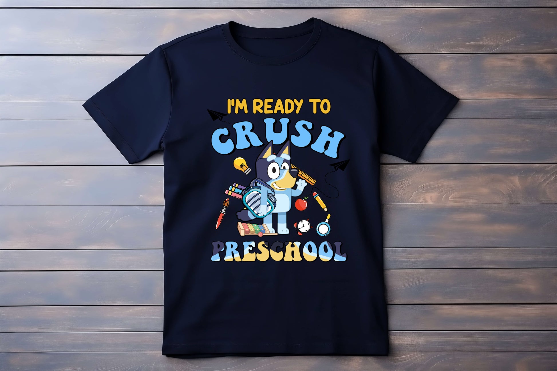 Flat lay of I’m Ready to Crush Preschool Bluey inspired t-shirt