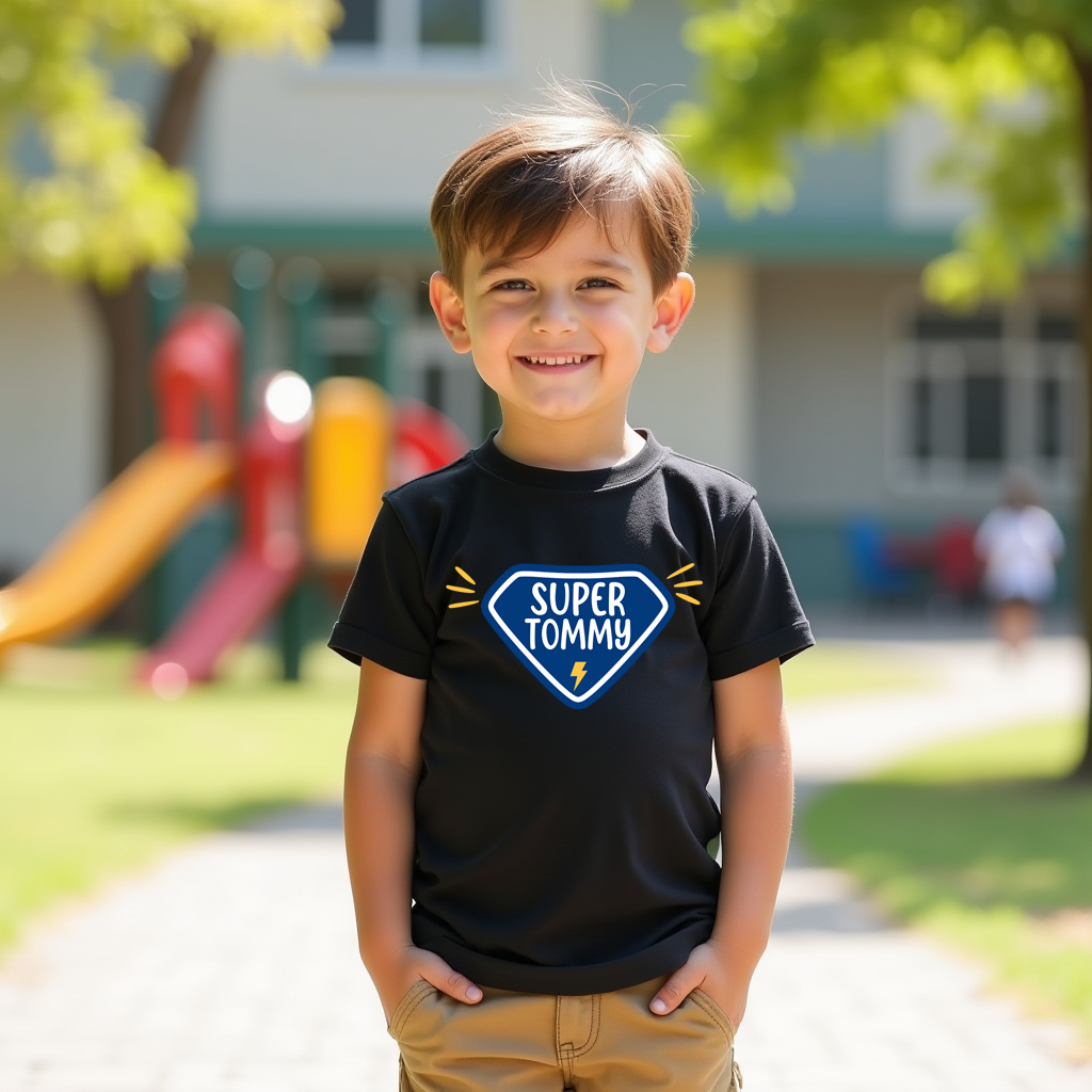Child wearing a black t-shirt with 'Super Tommy' design on a playground background