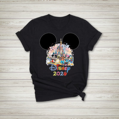 Close-up of magical pastel castle artwork on kids and adults tee