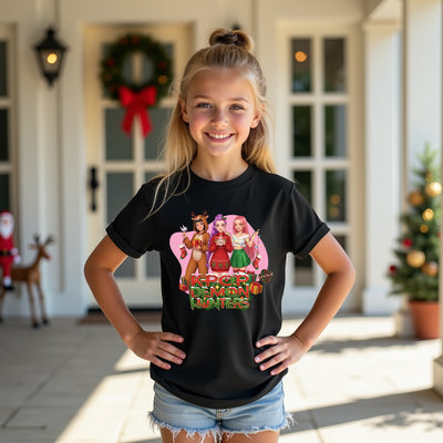 Christmas K-Pop Inspired PJ Wear Demon Hunters Graphic Tee, festive cozy streetwear for fans.