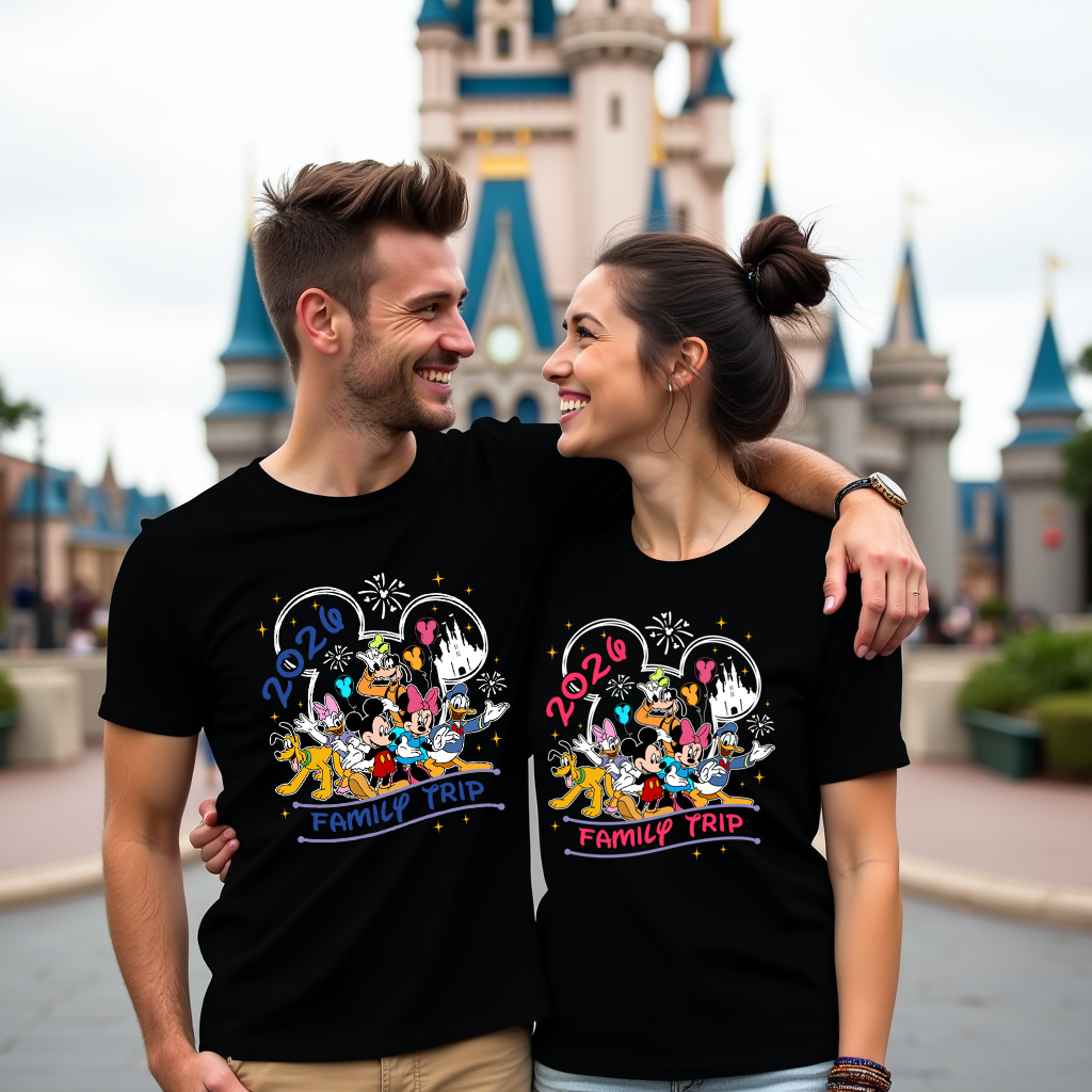 Two people wearing matching black t-shirts with a '2020 Family Trip' design in front of a castle.
